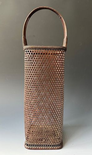 Signed Japanese Bamboo Ikebana Basket–  Wooven Hex
