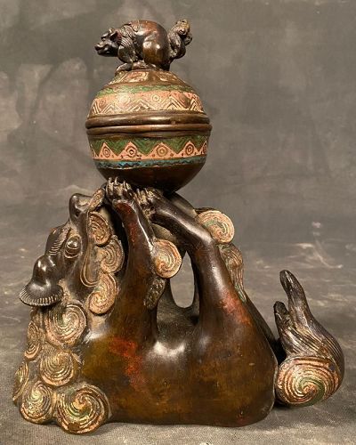 Antique Japanese Bronze Cloisonne Censer Fu Dog & Pup