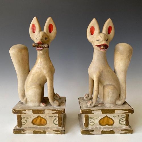 Japanese Antique Pair of Ceramic Inari Shrine Foxes