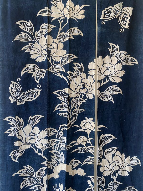 Japanese Antique Indigo Noren with Butterflies and Peonies