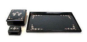 Japanese Black Lacquer Box and Tray Set