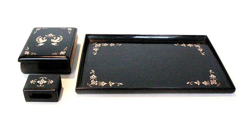 Japanese Black Lacquer Box and Tray Set