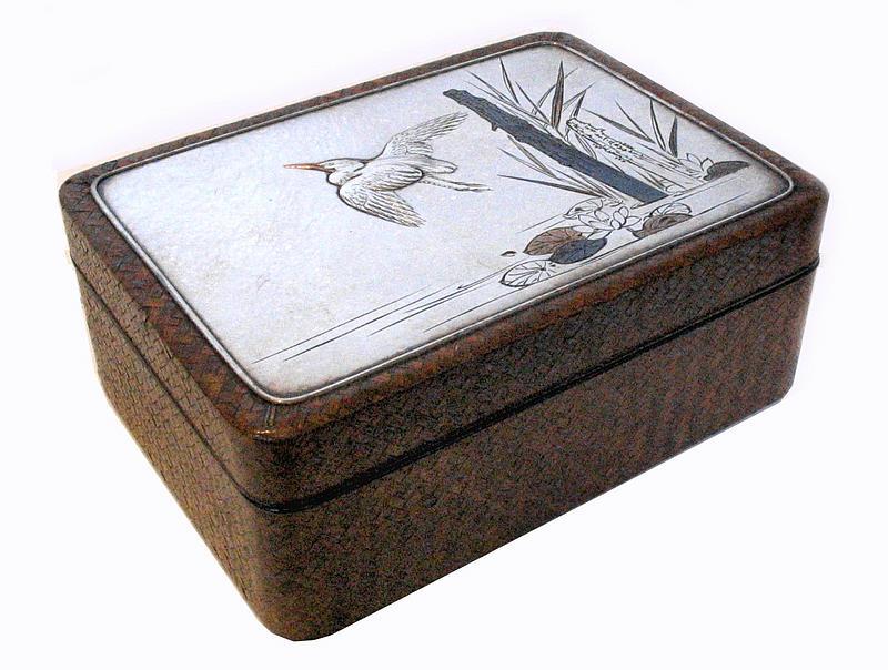 Japanese Woven Wood and Silver Box with Herons