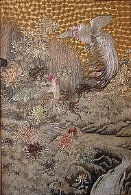 Japanese Meiji Gold Silk Embroidery of Two Cockerels