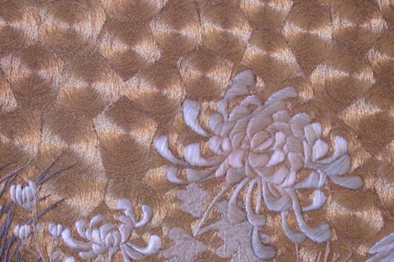 Japanese Meiji Gold Silk Embroidery of Two Cockerels
