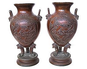 Pair of Japanese Antique Bronze Vases with Dragons