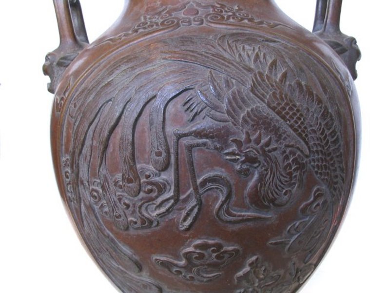 Pair of Japanese Antique Bronze Vases with Dragons