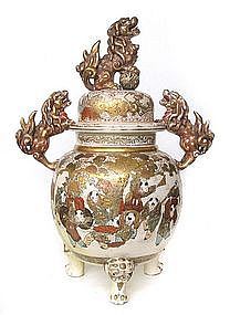 Japanese Satsuma Lidded Jar with Fu-dogs,  Meiji Period