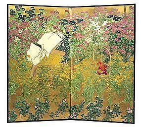 Japanese Screen Painting of Woman in Flower Garden