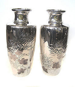 Exquisite Pair of Japanese Silver Vases with Flowers