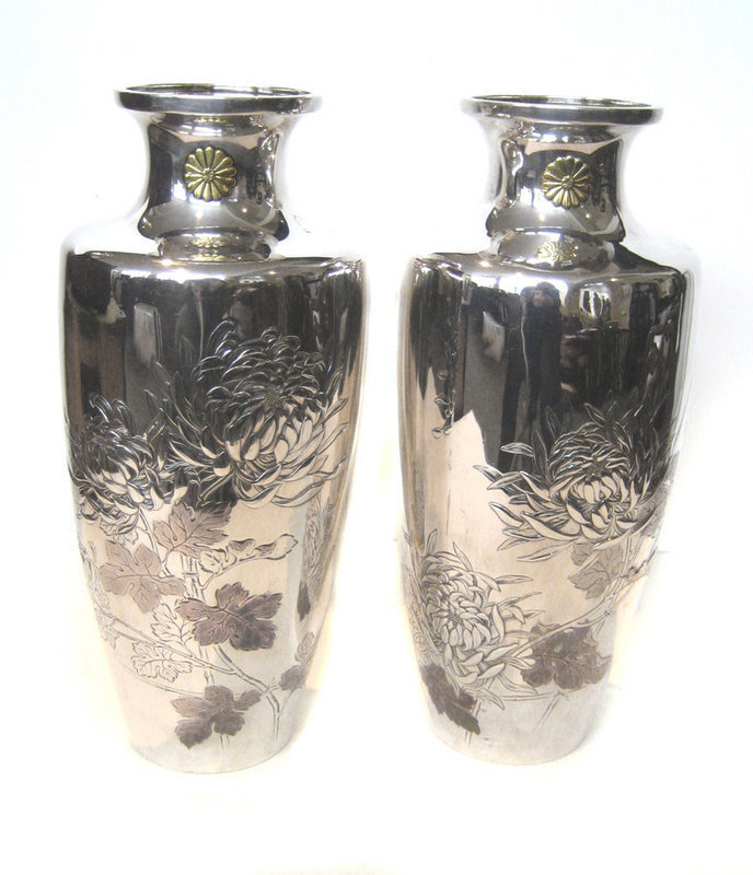 Exquisite Pair of Japanese Silver Vases with Flowers