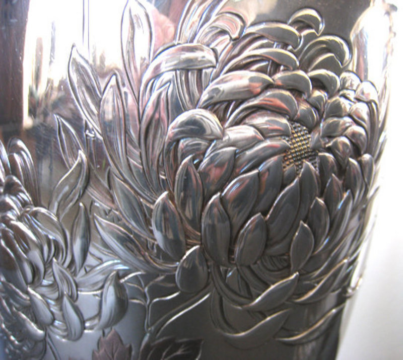 Exquisite Pair of Japanese Silver Vases with Flowers