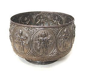 Indian Silver Repouse Bowl with Aspects of Shiva