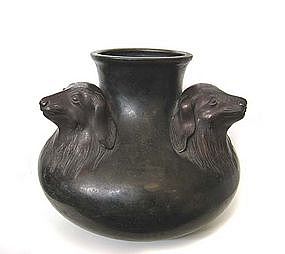 Antique Japanese Bronze Vase with Three Dogs