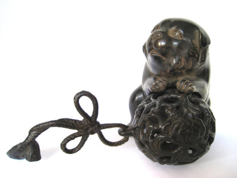 Adorable Antique Japanese Bronze Puppy with Ball