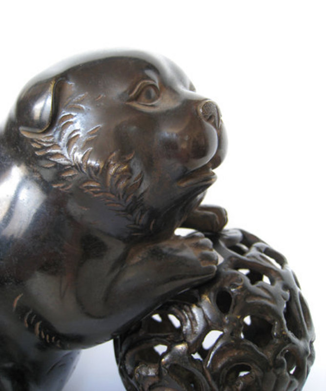 Adorable Antique Japanese Bronze Puppy with Ball