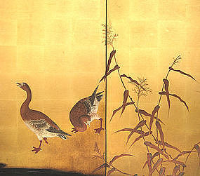 Japanese Antique 4-panel Screen Painting with Geese