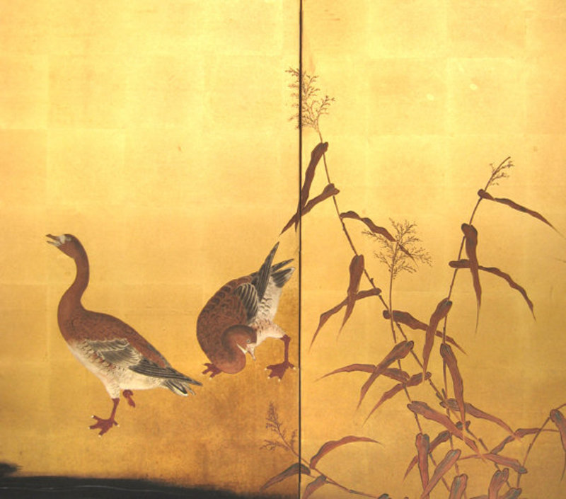 Japanese Antique 4-panel Screen Painting with Geese