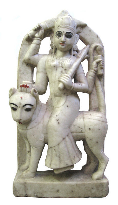 White Marble Indian Figure of Goddess Durga on Lion