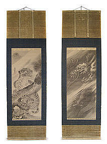 Japanese Pair of Scrolls with Tiger and Dragon