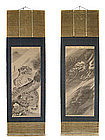 Japanese Pair of Scrolls with Tiger and Dragon