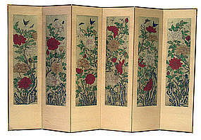 Antique Korean 6 panel Butterfly and Peony Screen