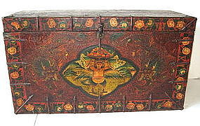 Antique Tibetan Leather Painted Trunk with Garuda