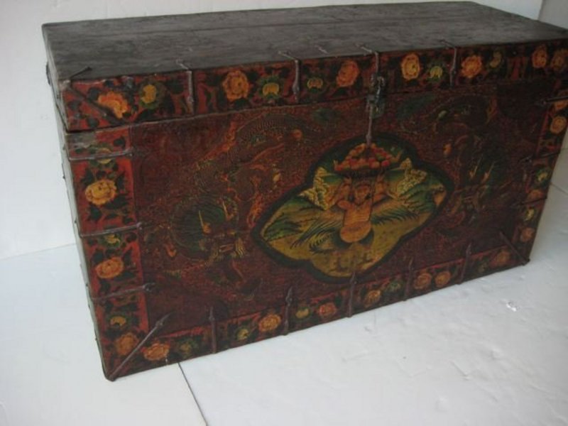 Antique Tibetan Leather Painted Trunk with Garuda