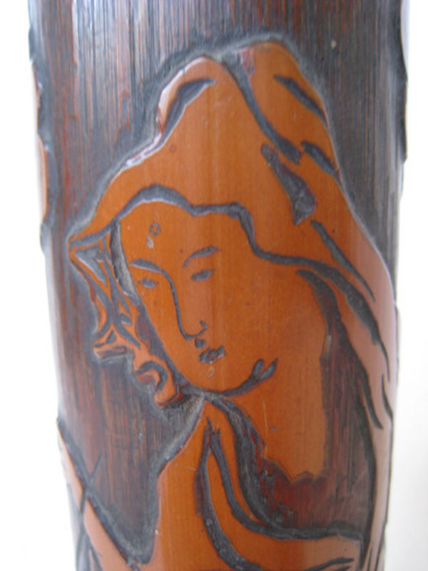 Japanese Carved Bamboo Flower Container with Kannon