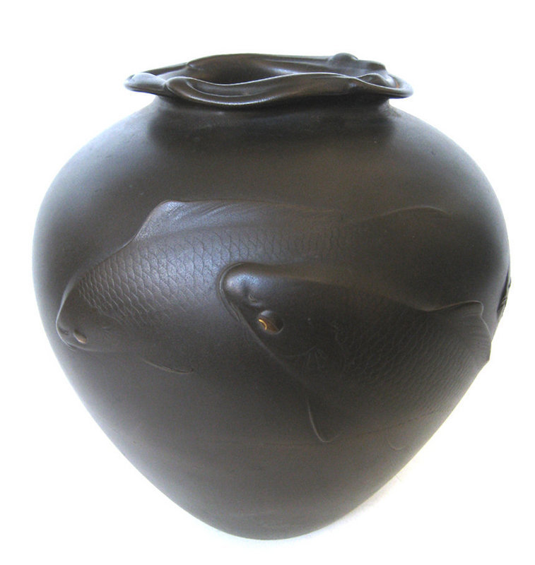 Japanese Bronze Vase with Koi, Signed Kano