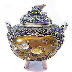 Japanese Silver and Shibayama Censor with Quail