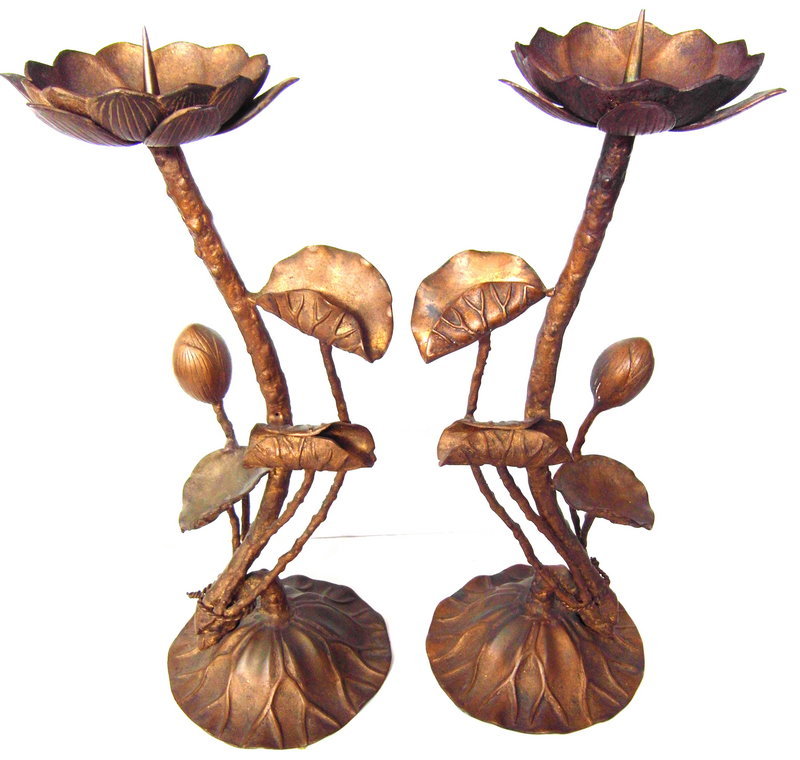 Japanese Pair Gilt Brass Lotus Candlestands