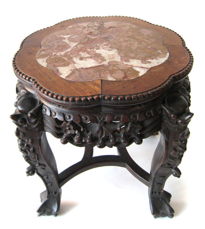 Chinese Antique Carved Low Table with Marble Top
