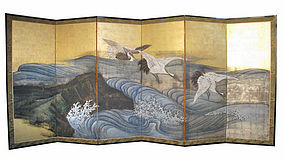 Japanese Antique Screen Painting of Cranes and Waves