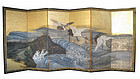 Japanese Antique Screen Painting of Cranes and Waves